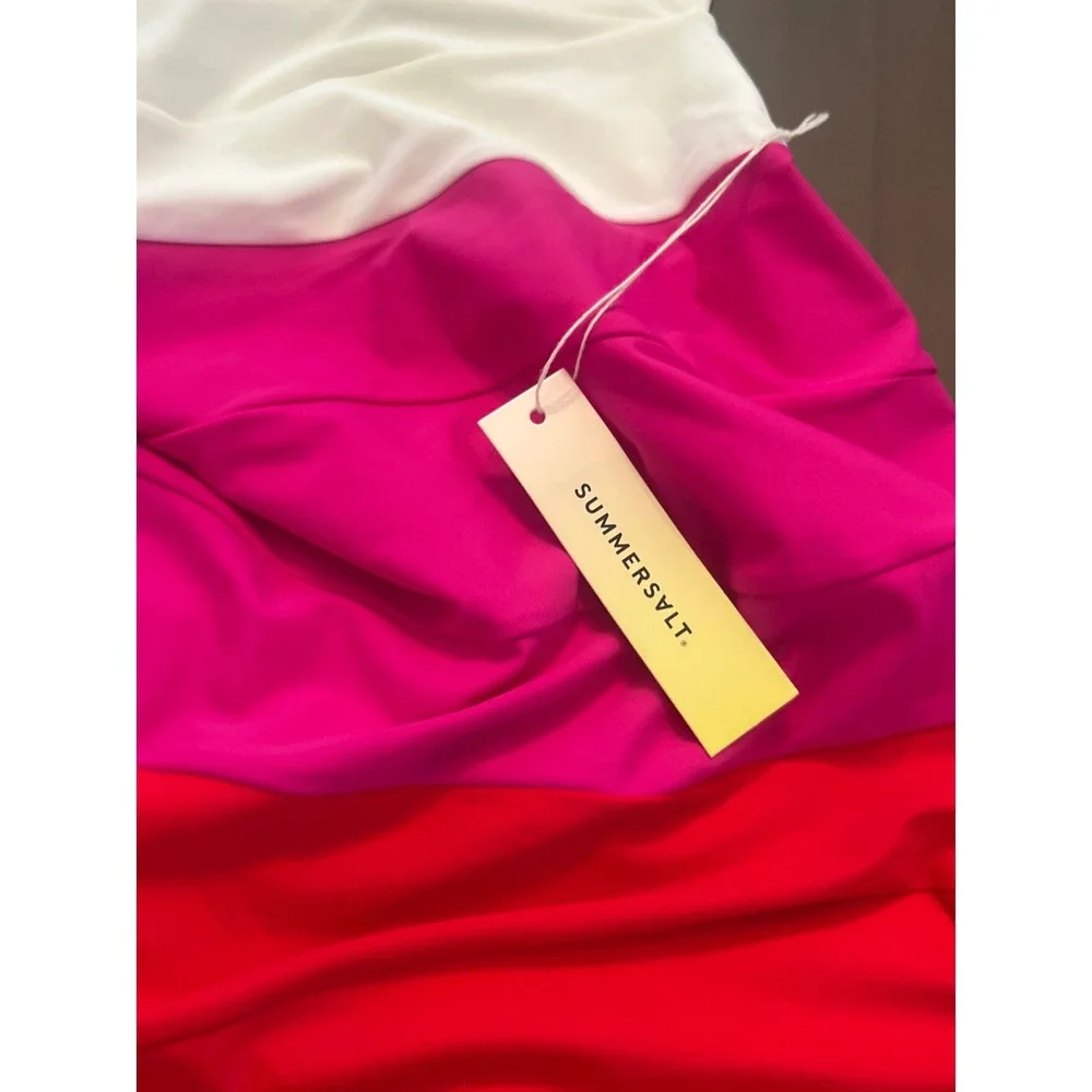 Summersalt The Sidestroke One Shoulder Swimsuit Colorblock Pink White Red 14LT